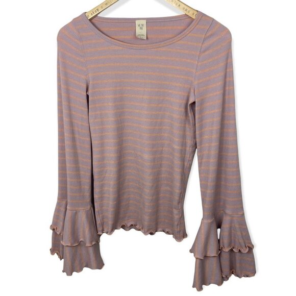 Free People Good Finds Ruffle Cuff Long Sleeve Tee Size S Bell Sleeve Boho Top - Picture 3 of 9